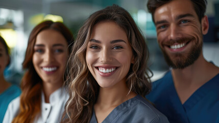 Fototapeta premium Smiling healthcare professionals standing together. Friendly doctors and nurses team portrait