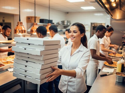 Cheerful young woman carries pizza stack wearing work uniform in commercial kitchen