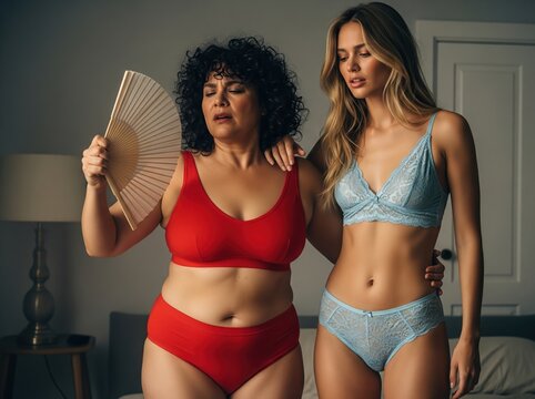 Two half-dressed women cope with room heat in revealing clothing, skin shining with perspiration
