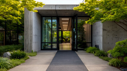 Obraz premium A modern entrance to an office building with large glass doors and concrete walls, surrounded by lush greenery and shrubs