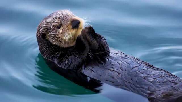 A sea otter floats on its back in calm water, paws together