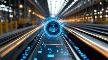 Futuristic train tracks glowing with digital hologram showing progress bar in modern industrial building