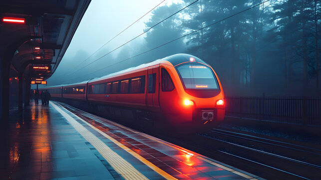 Modern red train arriving at foggy station with glowing lights reflecting on wet platform, close-up