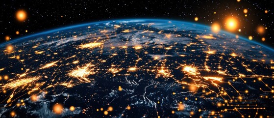 Planet earth showing global communications network at night from space