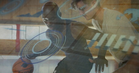 Dribbling basketball athletic man evading defender on gym hardwood court, with digital HUD overlays