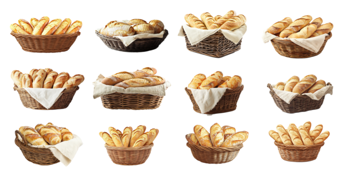 Bunch of baguettes in wicker baskets