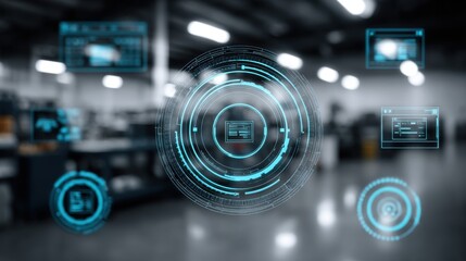 Futuristic head-up display showing data in a modern factory setting