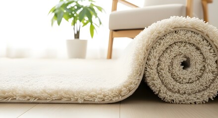 Rolled Up White Shag Rug on Wooden Floor | Interior Design Detail for Home Decor, Real Estate and Renovation Marketing