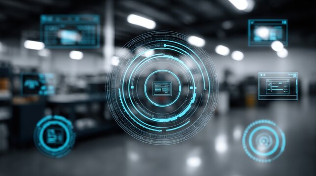 Futuristic head-up display showing data in a modern factory setting