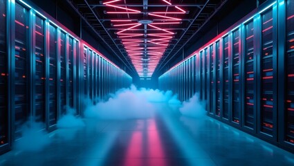 Inside a futuristic data center with servers and neon lights, showcasing technology, innovation, and network infrastructure. The atmosphere is high-tech and dynamic. 