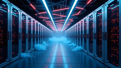 Fototapeta premium futuristic data center with rows of servers illuminated by neon lights
