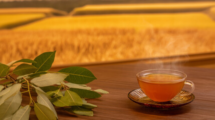 cup of tea with leaves on wooden table