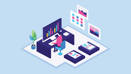 Isometric view of person at desk with computer showing charts and graphs with plant and images around