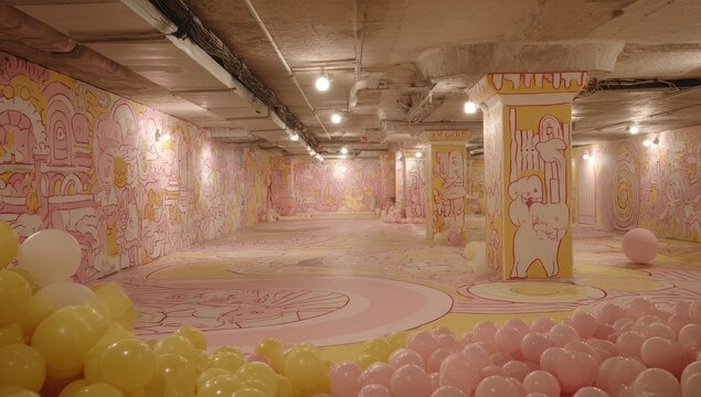 Pink, whimsical, underground space adorned with elaborate murals and balloons - Powered by Adobe