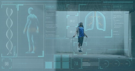 Jumping athlete in sportswear jumping rope in parking garage, with augmented reality graphics
