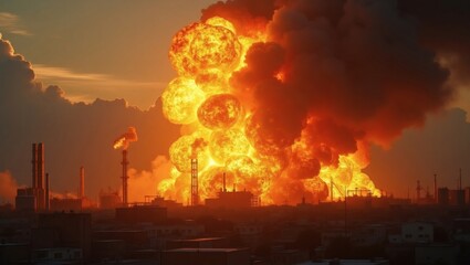 Obraz premium A massive explosion erupts with towering flames over a factory. The scene is dramatic, capturing the immense force of the blast, with a cityscape silhouette in the background.