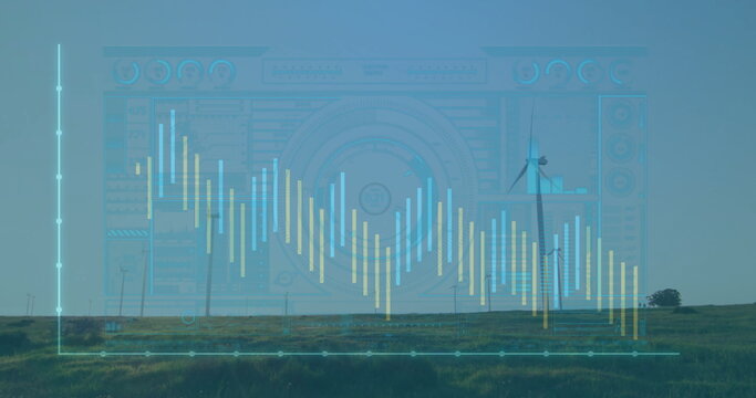 Displaying interface overlay showing energy data over wind farm, with turbines, charts, gauges