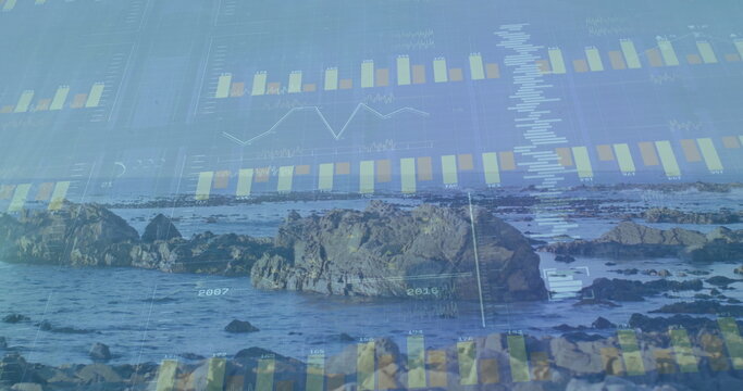 Displaying jagged rocks rising from water at shore, with translucent data visualization overlays