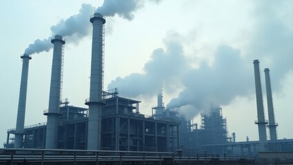 Obraz premium an industrial factory with smoke billowing into the atmosphere. The factory's chimneys emit large clouds of smoke, contributing to air pollution 
