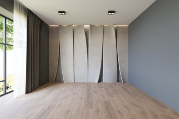 Minimalist interior empty room with 3d beige wall panels