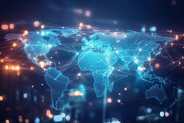 Futuristic digital world map with glowing blue network connections over cityscape representing global communication and data exchange