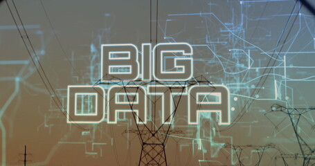 Displaying BIG DATA graphic over transmission towers and power lines at dusk, showing network flow