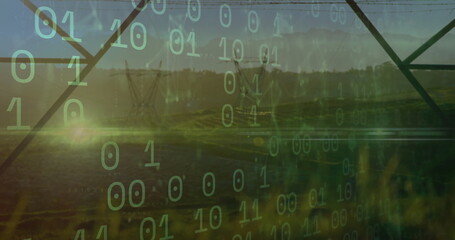 Showing lattice beams and pylons stretching across farmland at dusk, with binary digits streaming