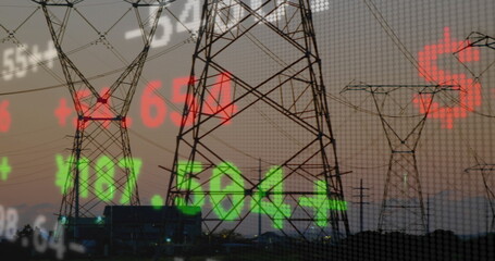 Displaying transmission towers and power lines spanning horizon at dusk with floating stock tickers