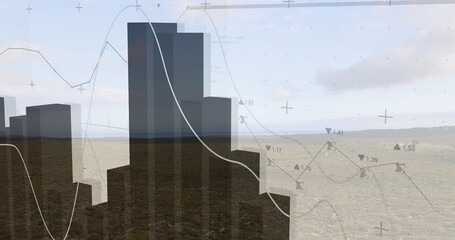 Displaying bar chart silhouettes rising over arid plain, with curved white line and numeric markers