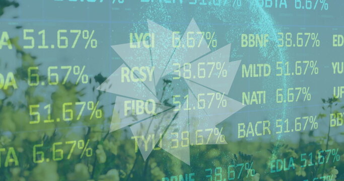 Displaying central digital overlay with stock tickers and percentages over meadow, translucent logo