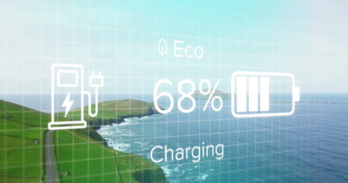 Charging grid overlay showing Eco 68% Charging at coastal road with station plug and battery icons - Powered by Adobe
