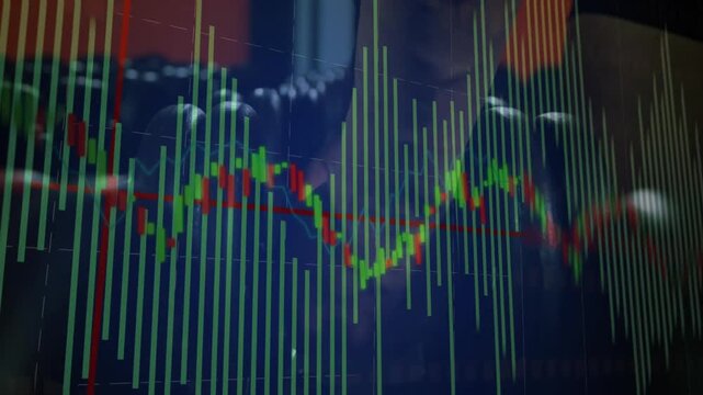 Live financial chart overlay filling screen, bars dipping then rebounding as trader types commands