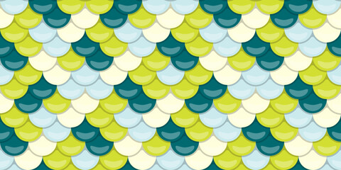 Vibrant seamless pattern of overlapping scales in teal, lime, and white.  Perfect for textile design, website backgrounds, or playful branding. Evokes feelings of summer, ocean, and fantasy. © Olena