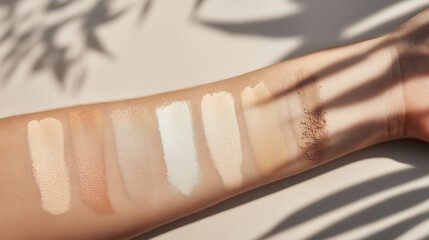 A hand displaying makeup swatches in various shades to match skin tones.