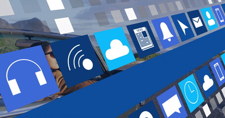 Floating digital icons converging above mountain road with convertible driver wearing sunglasses