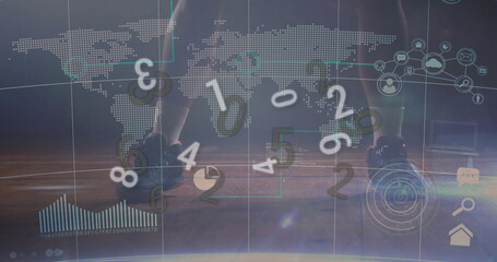 Stepping runner's legs in white socks, trainers in analytics lab, with world map analytics overlay