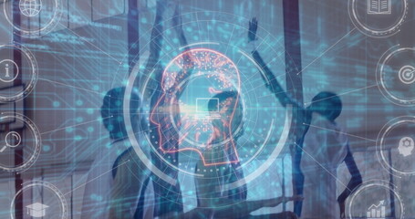 Four suited men analyzing head silhouette interface in office with skyline view, floating icons