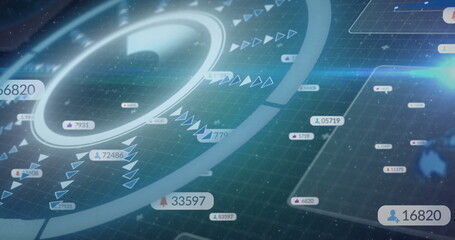 Displaying central circular HUD ring floating over virtual grid interface, with numeric data labels