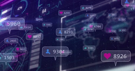 Displaying speech-bubble showing avatar count 9304 and heart 1259 on dashboard with world map