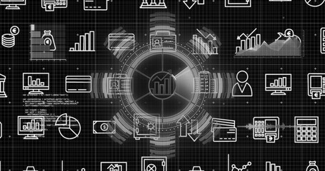Central circular interface displaying bar chart and line graph icons in dark grid, with data theme
