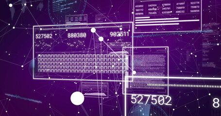 Displaying digital network mesh in purple cyberspace, with keyboard grid panel and code panels