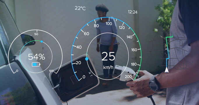 Holding man plugging white electric vehicle in driveway, with HUD speedometer, map grid, copy space