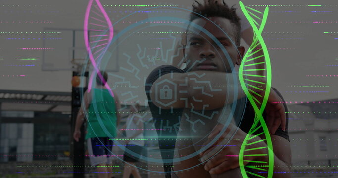 Stretching man raising arms behind head, wearing earphones on rooftop court, with biotech graphics - Powered by Adobe