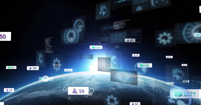 Naklejki Displaying Earth globe above horizon in orbit, with floating holograms, user counts, code windows