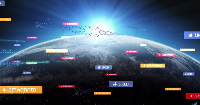 Naklejki Floating Earth globe orbiting in space with sunrise flare, notification bubbles and dot particles