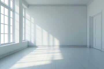 Fototapeta premium Bright empty white room with large windows casting soft natural light and shadows on minimalist clean walls and floor