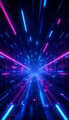 Neon-lit digital tunnel with vibrant blue and pink lights converging towards a central point, creating a futuristic atmosphere.