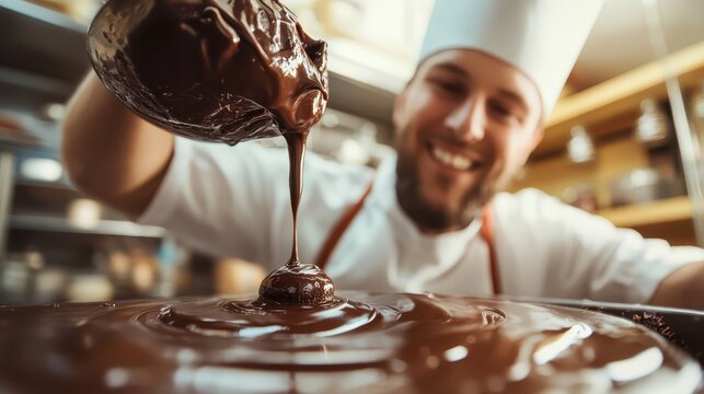 Happy Chef Pouring Rich Dark Chocolate in Bakery Kitchen