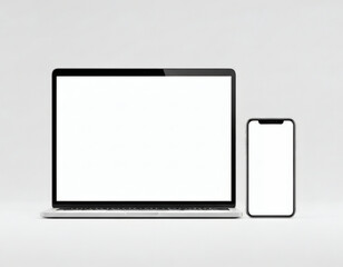 Realistic mockup of laptop and smartphone with blank screens on white background