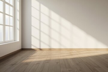 Minimalist empty room with wooden floor and large windows casting soft natural light and shadows on neutral walls